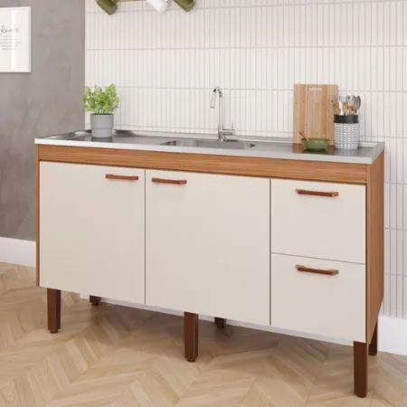 Balcão De Cozinha Slim Freijo/off White Montado Mdf 114cm Mgm Móveis